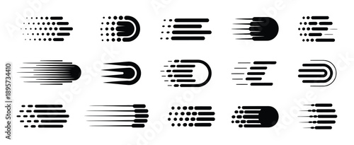 Speed lines vector icons, fast motion effect, black horizontal action streaks, comic style element.
