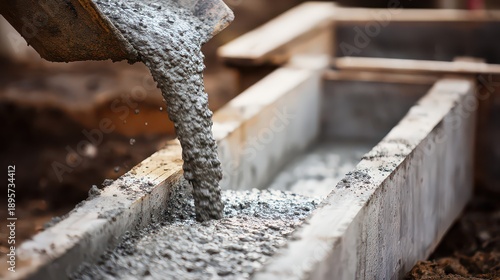 Concrete Pouring from Excavator into Wooden Formwork on Construction Site Filling Gray Cement Background during Bright Sunny Day Creating Cement Foundation