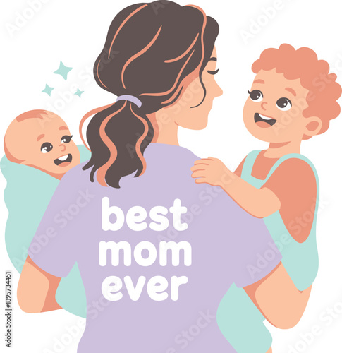 Mother embracing two young children, cheerful family moments, unconditional maternal love, cherished togetherness