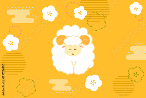 ひつじ年年賀状用のお辞儀をする羊のかわいいキャラクターイラストと和柄の横型金背景文字なし素材