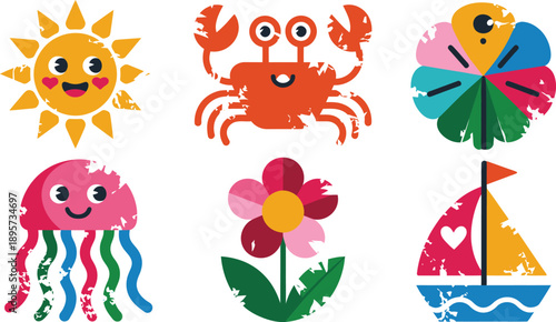 Playful summer beach icons, cartoon style marine life graphics, happy vacation elements vector set