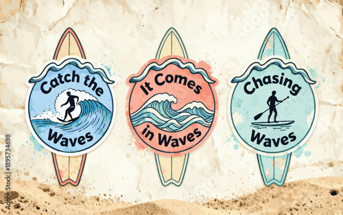 Vintage Surf Badge Set with Hand-Drawn Ocean Waves