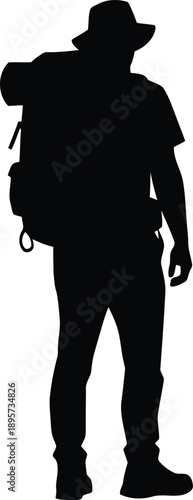 A solo adventurer's silhouette, geared up with a backpack and hat, ready for exploration