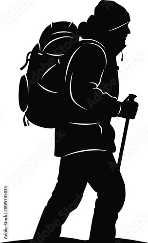 Hiker with a large backpack and trekking pole vector silhouette illustration