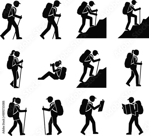 Diverse silhouettes of hikers and trekkers engaged in various outdoor adventure activities