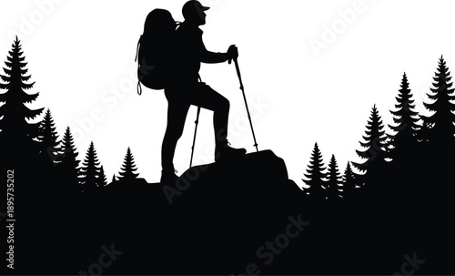 A lone hiker with a backpack and trekking poles standing on a rock surrounded by pine trees
