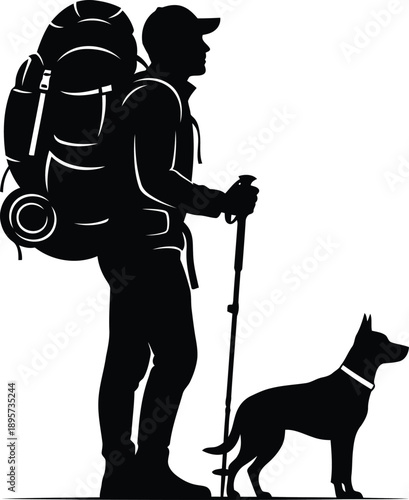 Hiker with backpack and trekking pole, accompanied by a loyal dog, ready for an outdoor adventure