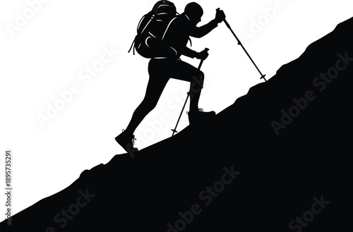 Adventurous hiker with backpack and trekking poles ascends a challenging mountain
