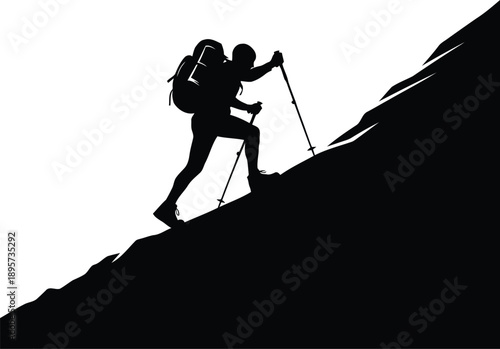 A determined hiker with a backpack and trekking poles ascends a steep mountain trail