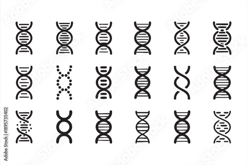 Black and White Genetics Icons Featuring DNA Strands