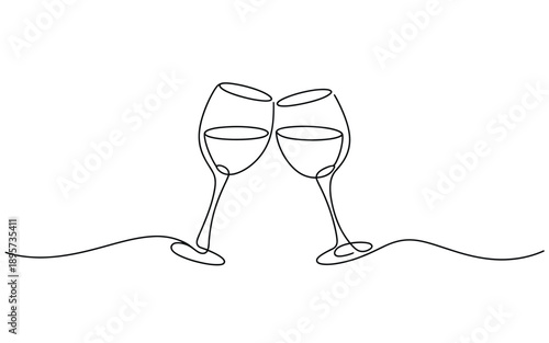 Minimalist line drawing of two wine glasses toasting, abstract symbol of celebration