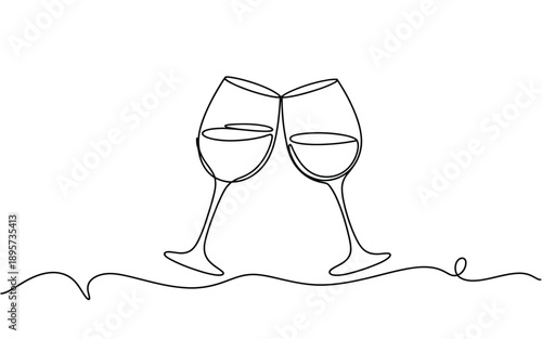 Two wine glasses clinking, abstract line art celebrating toast and celebration