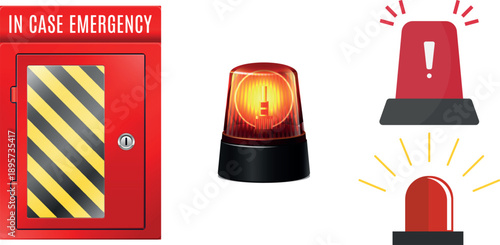 Emergency Siren and Safety Icon Vector Set with Warning Lights Alarm and Rescue Symbols