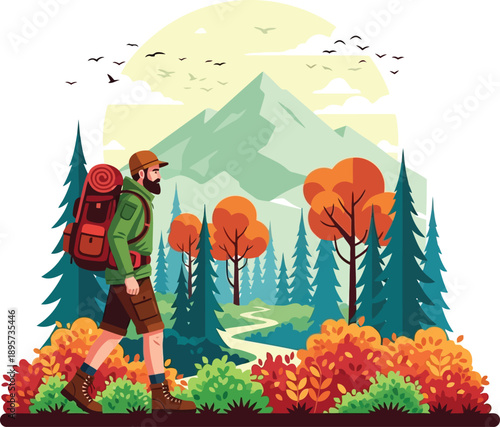 A bearded hiker with a red backpack navigates a vibrant autumn mountain trail under a clear sky
