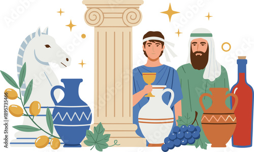 Ancient Greek Culture and Mythology Vector Illustration with People, Columns, Amphora Vases, Grapes, and Classical Civilization Elements