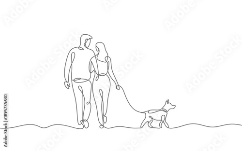 Couple Walking Dog, Casual Lifestyle Line Art