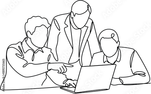 Business meeting with laptop, single line drawing illustration