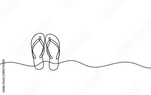Single line drawing of flip flops on sand at the beach