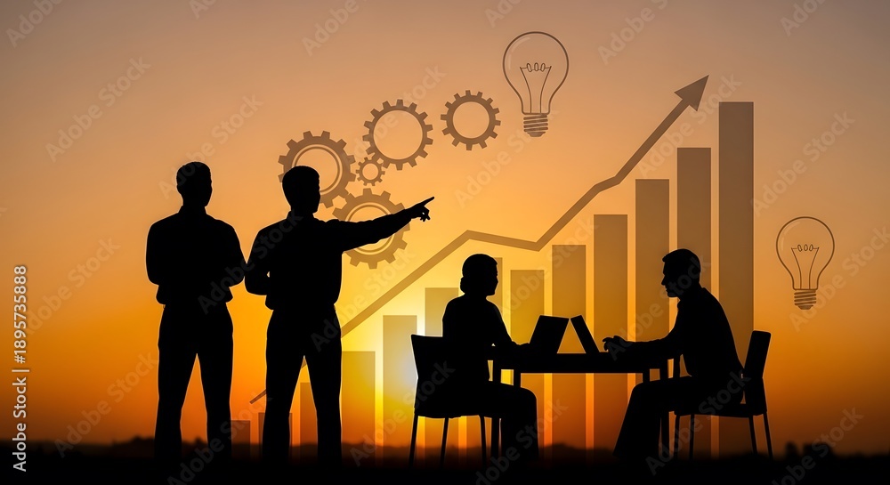 Fototapeta premium Business success concept with silhouettes of people pointing at a rising bar graph and lightbulbs, set against a warm sunset gradient.
