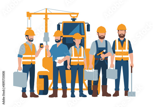 Construction workers collaborating on a building site with machinery and tools