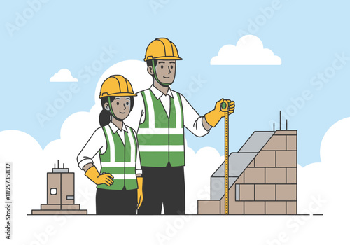 Construction workers standing together at a building site, examining plans and progress from a frontal viewpoint.
