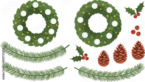 Christmas Wreath and Holiday Greenery Vector Set with Pine Branches, Holly Berries, Pine Cones, and Festive Winter Decoration Elements