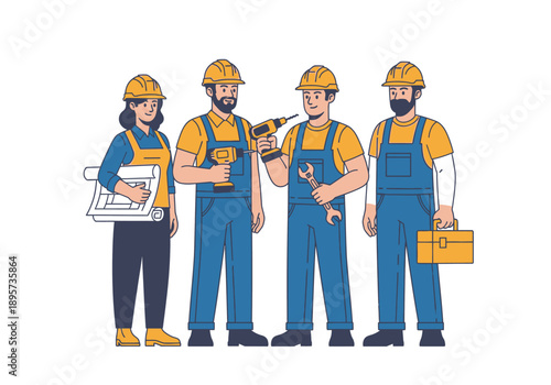Team of construction workers standing together with tools in a collaborative work environment from a frontal viewpoint