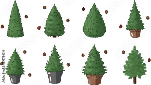 Cute Evergreen Christmas Tree Vector Set with Pine Trees in Pots and Forest Styles for Winter Holiday Decoration and Nature Designs