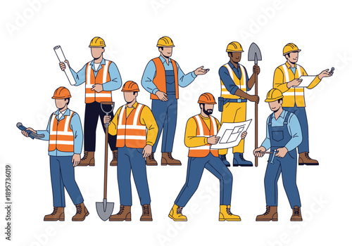 Construction workers in safety gear collaborating on a building project site