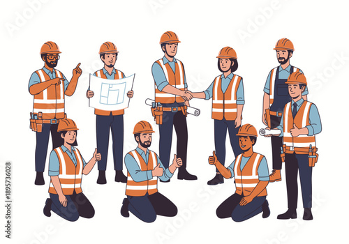 Group of construction workers collaborating and examining plans in a workplace setting from a slightly elevated viewpoint