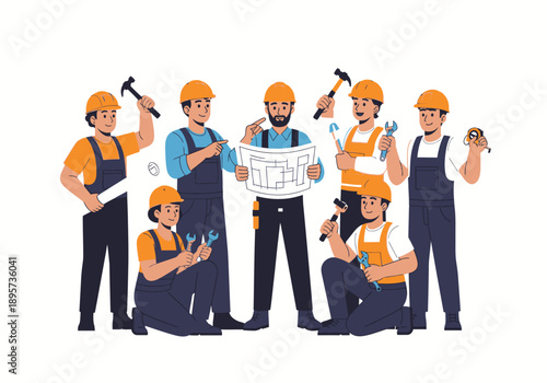 Group of construction workers collaborating on a project with tools and blueprint in hand