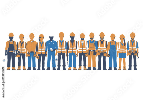 Diverse group of construction workers standing together wearing safety gear and hard hats in a workplace environment