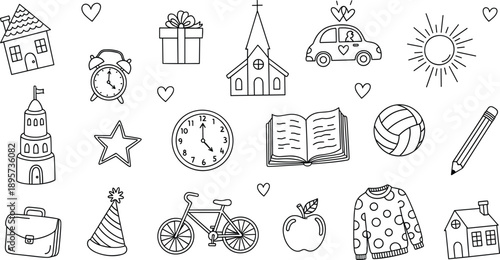Cute Hand Drawn Doodle Icon Vector Set with Everyday Objects, School Items, Home Symbols, Transportation, and Simple Life Illustrations
