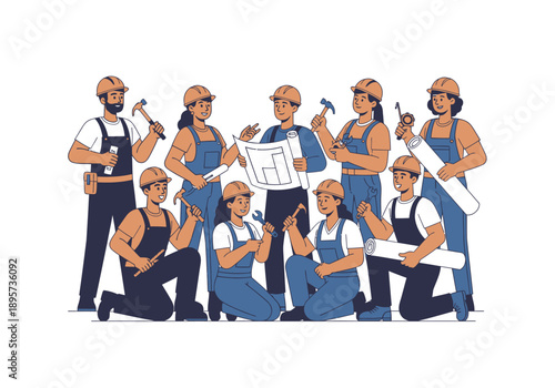 Group of construction workers collaborating on a project, standing and kneeling, holding tools and blueprints, illustration, studio setting, frontal view