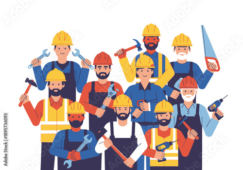 Diverse group of construction workers with various tools standing together in a collaborative pose, viewed from the front