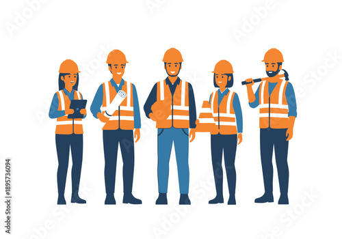 Group of five construction workers in orange safety vests and helmets standing together, holding various tools, on a construction site.