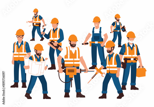 Various construction workers in safety gear performing different tasks on a site viewed from above