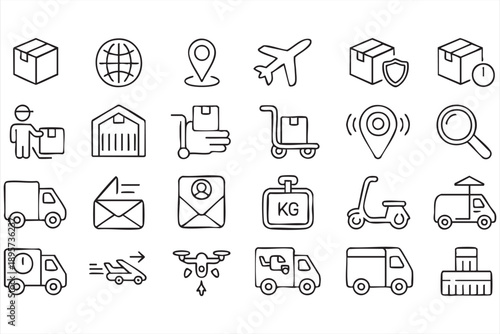 Line Logistics Icons Featuring Shipping, Tracking, and Warehousing