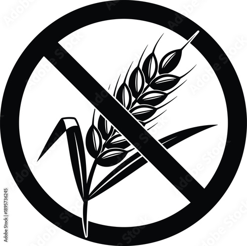 Black gluten free icon vector illustration with wheat stalk and prohibition sign for healthy food labels and dietary packaging,