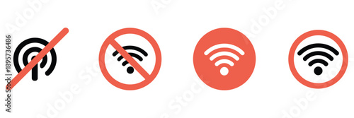 No wifi vector icon set, ban wireless connection, stop internet signal, flat design symbol.