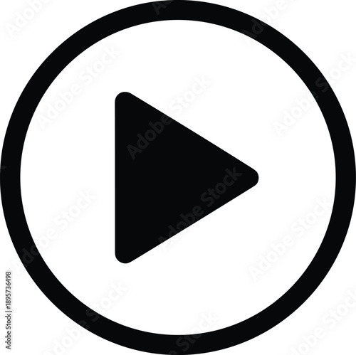 Black play button icon with circular border on white background, representing media playback, video start, and digital control