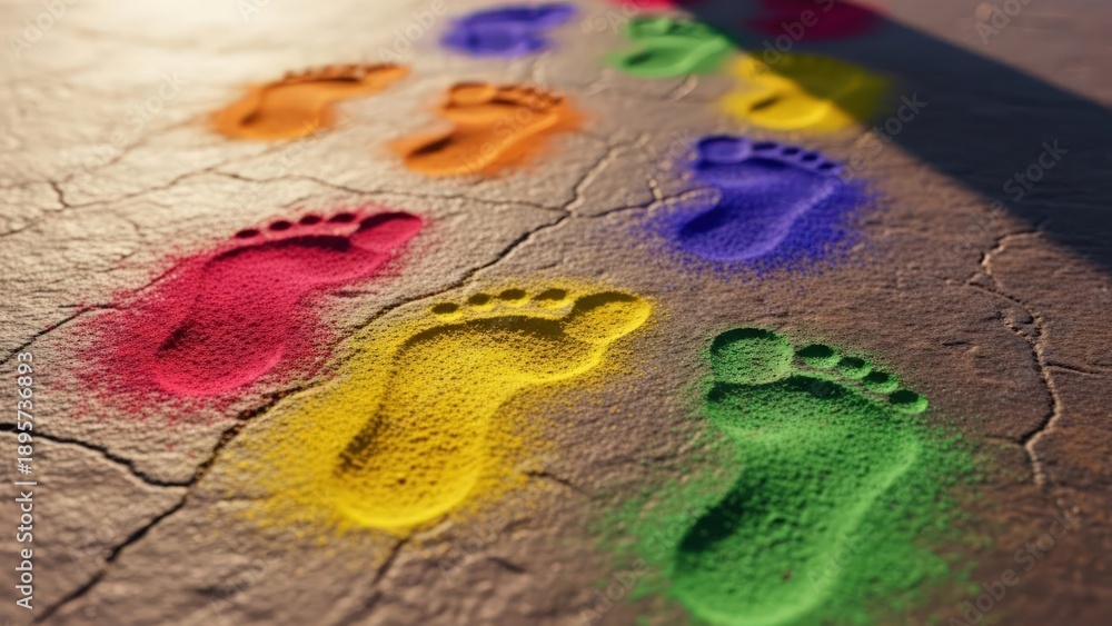 Fototapeta premium Close-up of colorful footprints on cracked earth with vibrant colors and sunlight