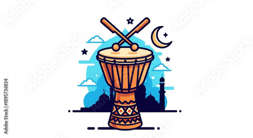 Vibrant djembe drum under starry night sky with mosque silhouette cultural symbolism and music elements