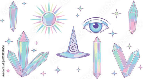 Mystical Crystal and Magic Symbols Vector Set with Healing Gems, Witch Hat, All Seeing Eye, and Spiritual Fantasy Elements