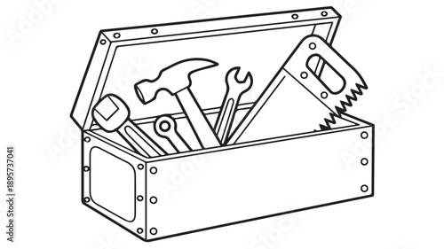 A clean black and white line drawing of a toolbox filled with various tools, including a hammer, wrench, and saw