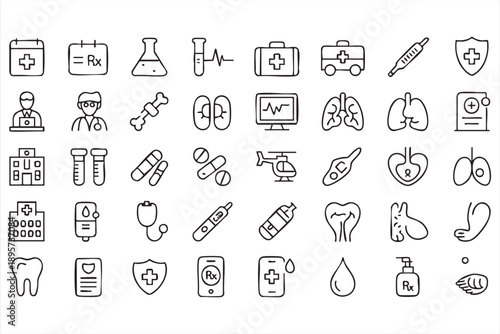 Black and White Medical Line Icons for Health and Emergency Care