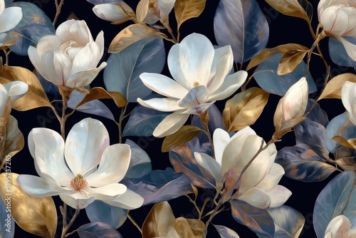 Close-up seamless floral pattern with delicate white blossoms and golden-teal leaves on a dark ground