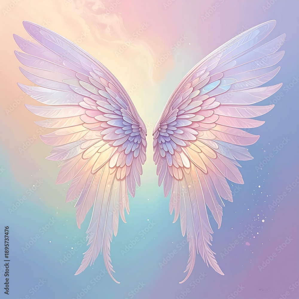 Obraz premium Ethereal, pastel wings display feathery detail against a soft, dreamy sky with diffused, glowing light