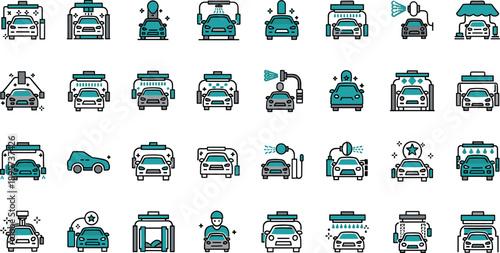 Professional car wash and auto detailing icon set featuring automatic tunnels, pressure washing, waxing, and vehicle maintenance services for automotive industry vector designs.