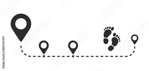 Pointer and footstep icon vector, travel route navigation, dotted track, map arrow and road path design.